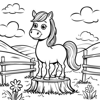 Tatlı midilli çiçek çitleri ve tepelerin arkasında dikilip çocukları eğlendirmek için tasarlanmış ağaç kütüğünde duruyor.