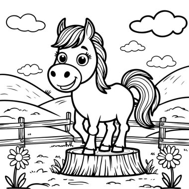 Ağaç kütüğünde duran gülen at tepeler çitlerle çevrili ve çiçek arka planı çocuk boyamak için mükemmel.