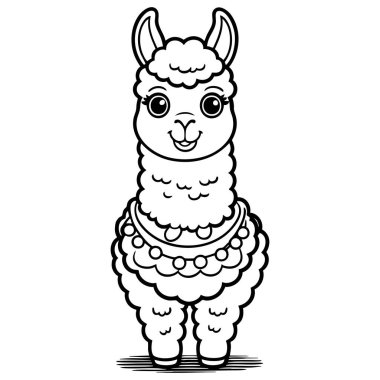 Süslü tüylü lama, gülümsüyor ve ayakta duruyor. Hayvan boyama sayfası için mükemmel.