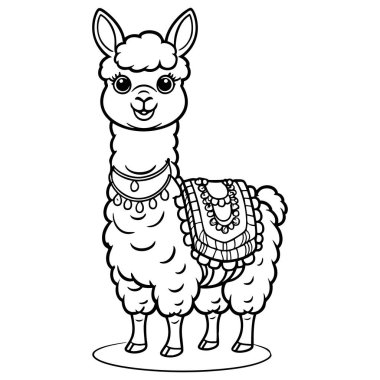 Tüylü yün ve çocuklar için süslü battaniyeli eğlenceli lama boyama sayfası