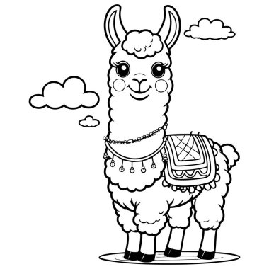 Gülümseyen yüzü ve bulut arkaplanı olan hoş pofuduk lama rengi çarşaf.