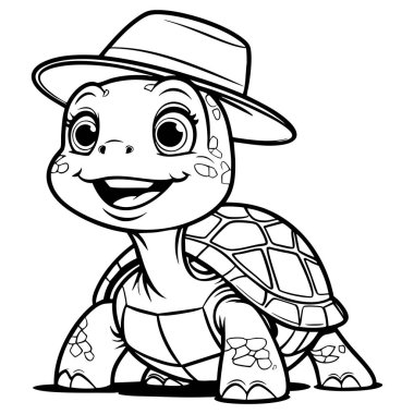 Eğlenceli kaplumbağa boyama sayfası. Büyük gözleri ve çocukların eğlenmesi için şirin bir şapkası var.