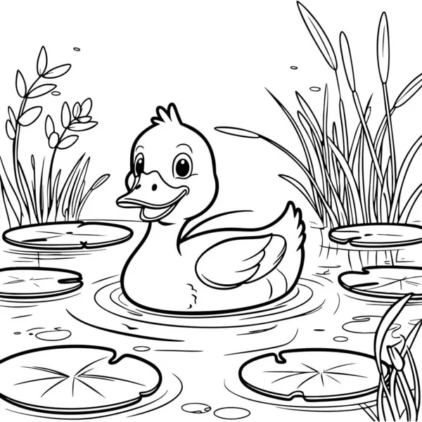 Havuzda yüzen sevimli ördek çocukların boyama eğlencesi için nilüferlerle çevrili.
