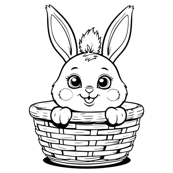 Yumuşak yanaklı sevimli tavşan örgü sepetinden dışarı bakıyor.