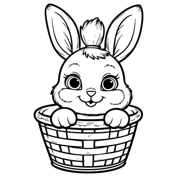 Büyük mutlu gözleriyle dokuma sepetinden dışarı bakan sevimli tavşan.