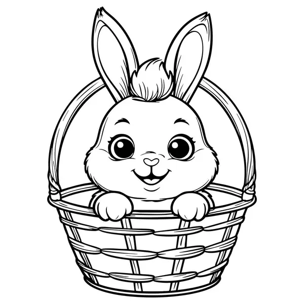 Mutlu tavşan dokuma sepetinde oturuyor. Çocuk boyama etkinliği için mükemmel.