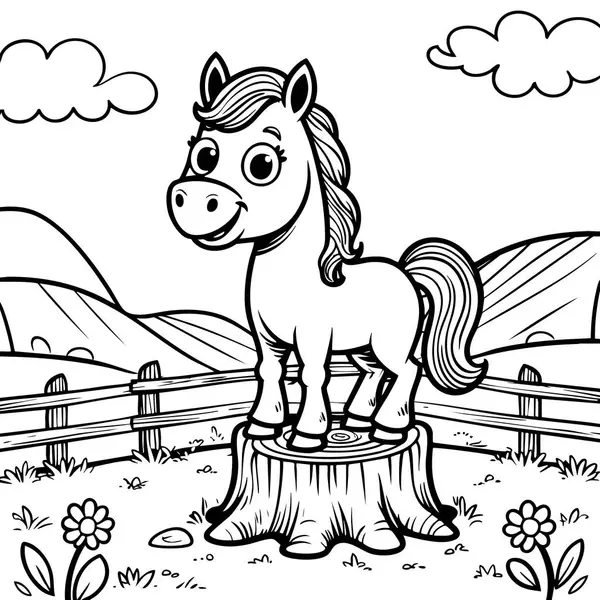 Çiftlik manzarasında ağaç kütüğünün üzerinde duran mutlu midilli boyama sayfası