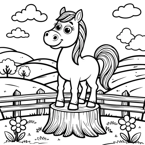 Gülen çizgi film atı tepeler ve bulutlarla ağaç kütüğünün üzerinde duruyor.