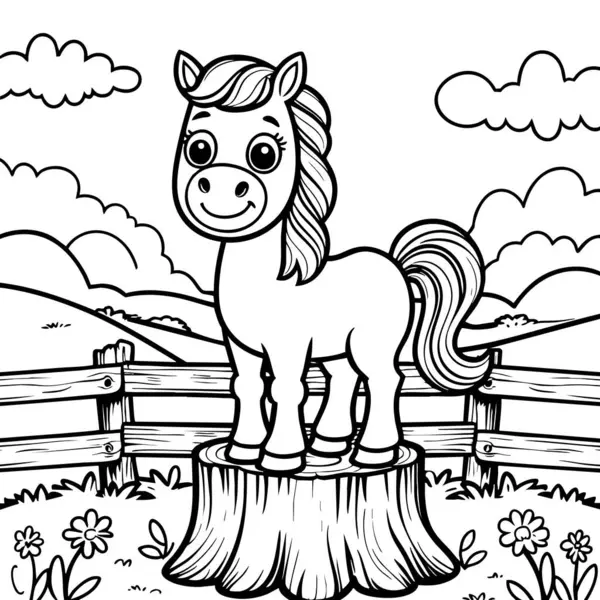 Ağaçtan bir kütüğün üzerinde gülümseyen midilli çiçek bulutları ve çayırın etrafında ahşap bir çit.