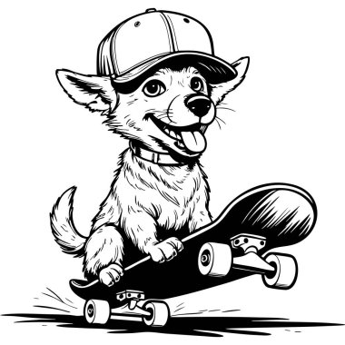 Şapka takmış, kaykay numaraları yapan, neşeli yüzlü bir çizgi film köpeği.