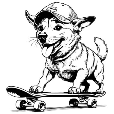 Neşeli, şapkalı, kaykaylı, dili açık neşeli bir köpek yavrusu.