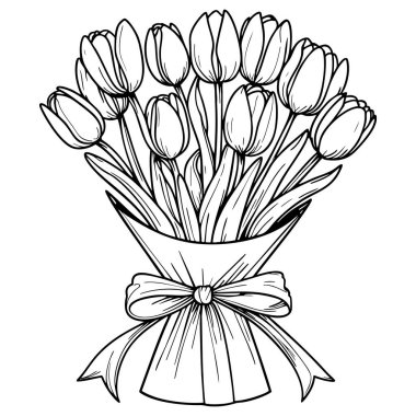 Rahatlamak ve eğlenmek için basılabilir lale çiçeği buket boyama sayfası
