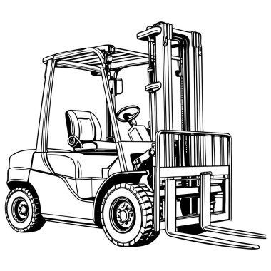 Renklendirme veya teknik çizim için forklift makinesinin siyah ve beyaz ana hatları