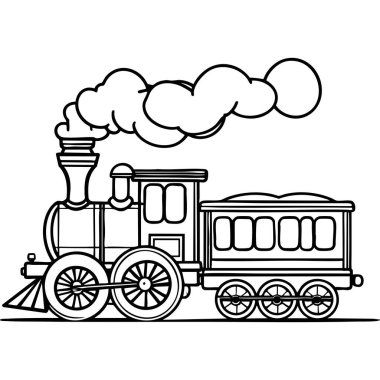 Renklendirme veya tasarım için vagonu olan klasik buharlı bir lokomotifin siyah beyaz çizimi