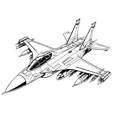 Siyah ve beyaz çizgili modern bir savaş uçağı füzeleri ve renklendirme için detaylar.
