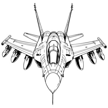 Siyah ve beyaz çizgili savaş uçağı cephe görüntüsü tasarım veya renklendirme için silahlarla