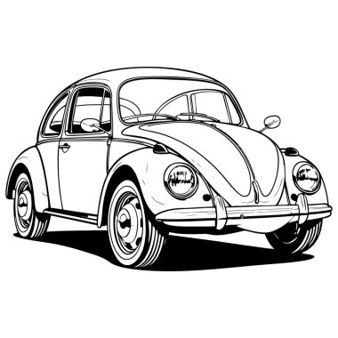 Siyah beyaz çizgili, klasik tasarım cazibesi olan eski bir böcek arabası tasviri.