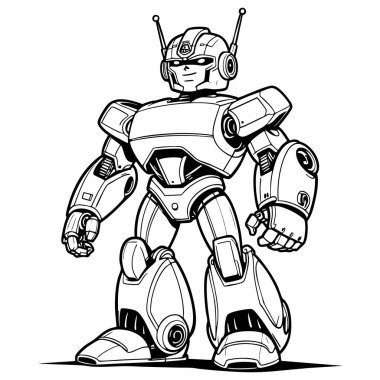 Geleceksel tasarımı ve mekanik detayları olan insansı bir robotun siyah beyaz çizimi