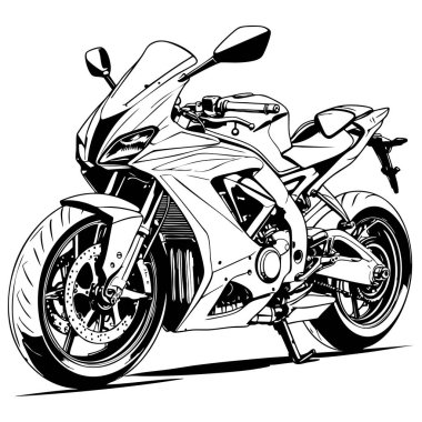 Aerodinamik vücut tasarımı olan parlak, modern bir spor motosikletinin siyah beyaz çizimi