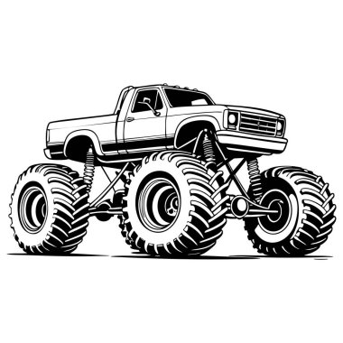 Büyük tekerlek canavar kamyon boyama için siyah beyaz taslak