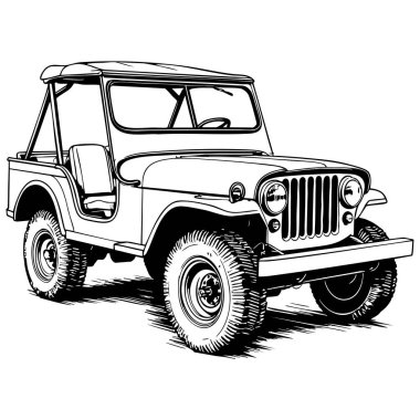 Renklendirme sayfası için eski bir cip aracı siyah beyaz çizim