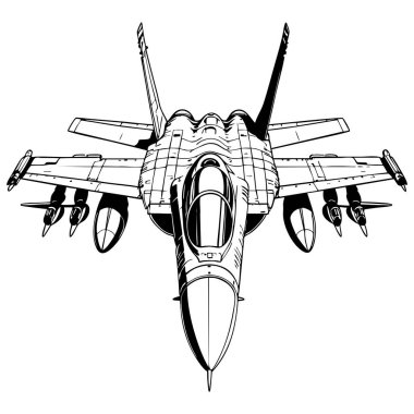 Modern bir savaş uçağının siyah beyaz çizimi ve füzeleri