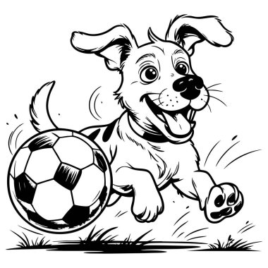 Boyama sayfasında futbol oynayan eğlenceli köpek yavrusu.