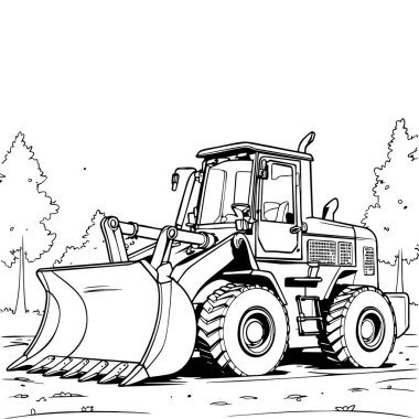 Renklendirme sayfaları ve öğrenme temaları için ideal büyük tekerlekleri olan yükleyici inşaat aracının ana hatları