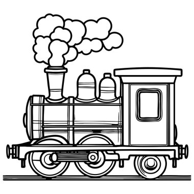 Buharlı tren lokomotifinin basit bir taslağı. Renkler için harika duman ve çocukların eğitim sayfaları.