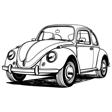 Pürüzsüz kıvrımları ve klasik tasarımı olan klasik bir böcek arabasının Retro tarzı çizimi
