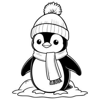 Kar altında atkı ve şapka takan sevimli bir penguen.