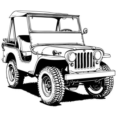 Engebeli off-road tarzına sahip klasik cip çizimi