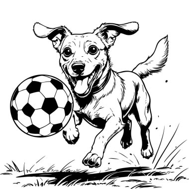 Çocuklar için futbol topu boyama sayfası ve eğlence aktivitesiyle koşan sevimli köpek.