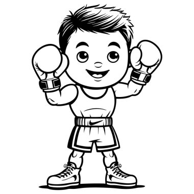 Boks eldiveni giyen mutlu bir çizgi film çocuğu.
