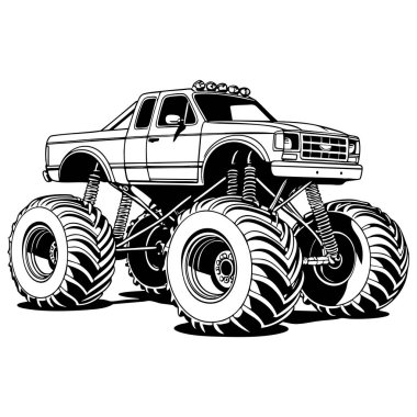 Devasa tekerlekleri ve yayları olan güçlü canavar kamyoneti off-road eğlence renklerine ve sanat eserlerine hazır.