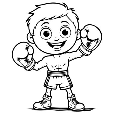 Mutlu çizgi film boksörü, eldivenli ve şortlu çocuk boks sayfası için mükemmel poz veriyor.