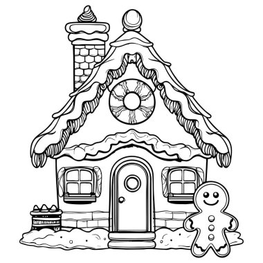 Şekerli zencefilli kurabiye evi ve mutlu kurabiye karakteri çizimi.