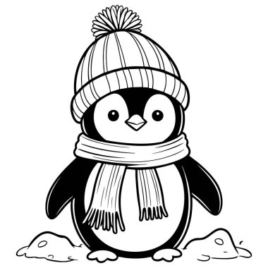 Çocuklar için şapka ve atkı boyama sayfası takmış sevimli penguenler.