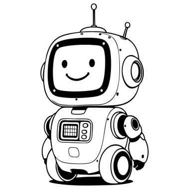 Gülümseyen yüzü ve komik tekerlekleri olan sevimli küçük robot fütüristik bir dünyada şık görünüyor.