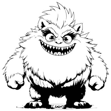 Vahşi ifadesi ve keskin dişleri olan sevimli tüylü canavar görüntüsü harekete hazır.