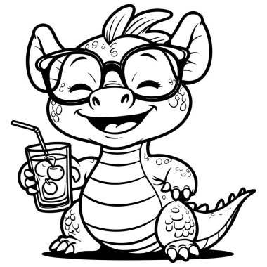 Sevimli bebek ejderha elinde içki bardaklarıyla mutlu bir şekilde gülümsüyor.