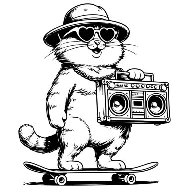 Kaykayın üzerinde dururken şapka takan ve teyp tutan havalı bir kedi.