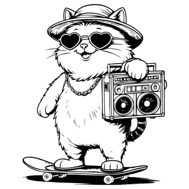 Kalp gözlüğü ve zincir takan havalı bir kedi buz pateni.