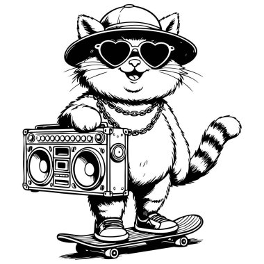 Şapka takan, güneş gözlüğü takan, müzik kutusuyla paten yapan şık bir kedi.