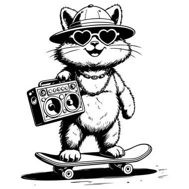 Şapkalı ve paten kayan sevimli bir kedi elinde teyp ve gülümsüyor.