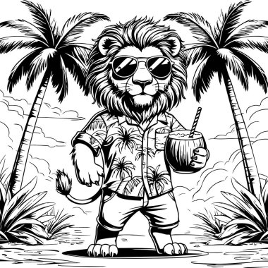 Havai gömlekli ve güneş gözlüklü bir aslan palmiye ağaçlarının altında hindistan cevizi içmeyi seviyor.