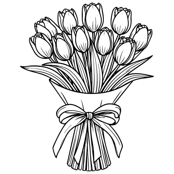 Lale buketinin siyah ve beyaz çizgili sanatı. Renklendirme veya tasarım için mükemmel bir kurdele ile sarılmış.