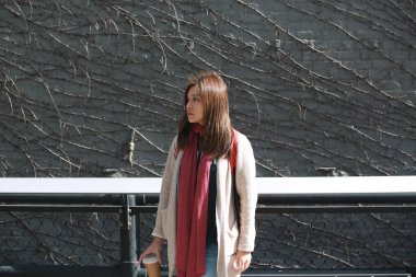 Asyalı kadın New York 'ta duvarın yanında tek başına duruyor.