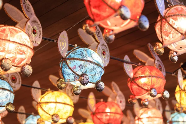 Lanterna Carta Forma Coniglio Tradizionale Metà Autunno Mercato Festival Hong — Foto Stock