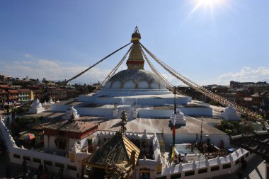 Boudhanath stupa ve Buda 'nın gözleri Kathmandu, Nepal' de
